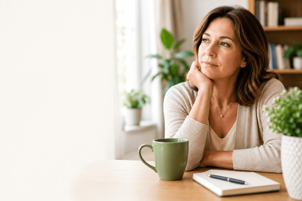 Woman over 40 reflecting at a table, illustrating brain fog after 40 and mental clarity.